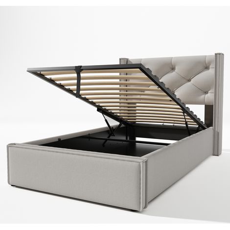 Cama individual gris claro de 90 x 200 cm, con canapé tapizado y somier de láminas metálicas, para adolescentes y adultos (sin colchón). (1/5)