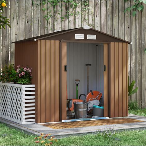 Casetta da giardino in acciaio con telaio di base e porte scorrevoli, 213 x 130 x 185 cm, marrone (1/5)