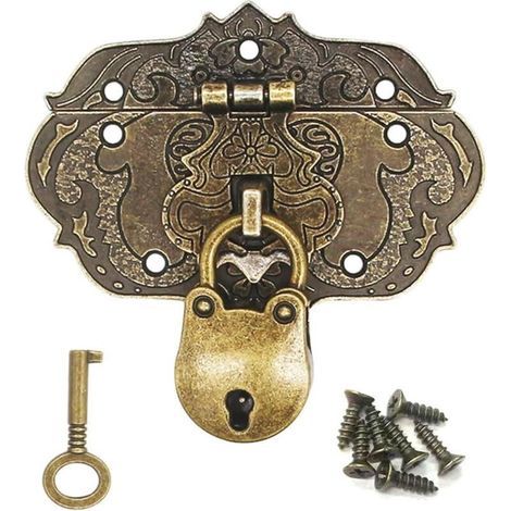 76 x 57 mm Loquet Serrure Vintage Antique Moraillon Fermoirs en Fer Bronze Antique Verrous pour Décoratifs Cabinet Armoire Boîte à Bijoux Boîte Cadeau Caisses Coulissantes Vis et clé incluses (1/4)