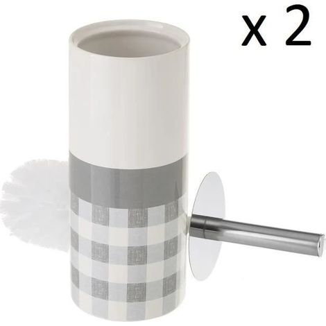 Lot 2 brosse de toilette WC avec support, porte brosse WC à carreaux en céramique coloris multicolore - Diamètre 10 x Hauteur 32 cm (1/4)