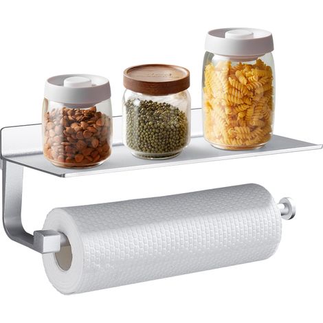 Porte Mural de Cuisine Support Essuie Tout Adhésif Support Aluminium Porte Essuie Tout avec Étagère, Porte-Papier Toilette sans Perçage Argent Supports pour Papier Essuie (1/5)