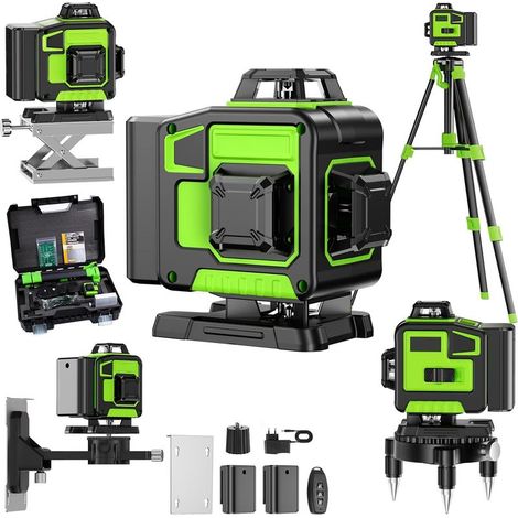Niveau Laser Chantier Autonivelant 360° x 4, Lazer Niveaux 4D 16 Lignes Laser, Mode Impulsion ExtéRieur, 2 x Batterie, Nivellement Automatique, Support Rotatif, Télécommande(Avec trépied) (1/5)