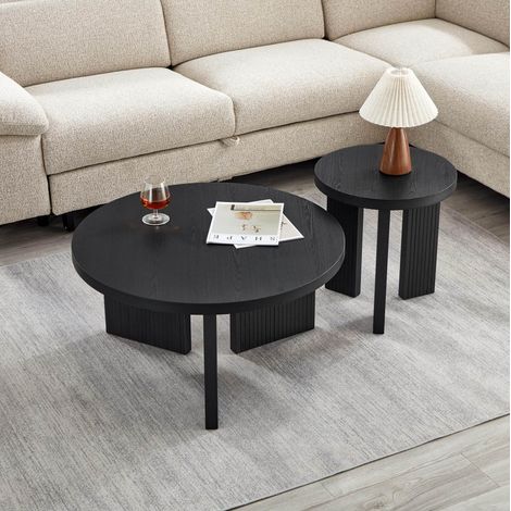 Set di 2 tavolini rotondi da caffè con struttura scanalata, design stabile, in MDF, per soggiorno e ufficio, neri (1/5)