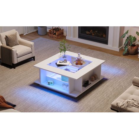 Table basse carrée blanche en aggloméré avec plateau en verre, finition brillante, éclairage LED et rangements pour salon et séjour (1/5)