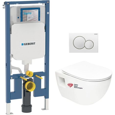 Pack bati-support Geberit + WC sans bride Swiss Aqua Technologies + Abattant SoftClose + Plaque Blanche (SLIM-Project-B)