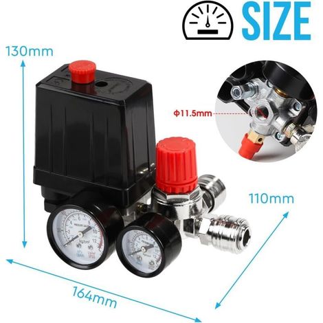 220-V-Druckschalter für Luftkompressoren, 4-Loch-Druckregler mit Manometer, Sicherheitsventil und Anschlüssen, 90–120 PSI Druckschalter-Steuerventil für Luftkompressoren (1/5)