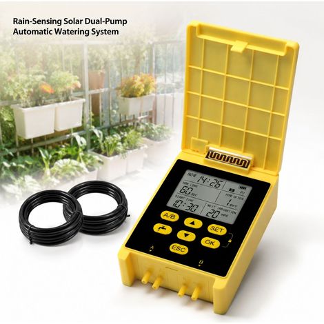 Système d'irrigation goutte-à-goutte - Double pompe solaire - Écran LCD - Capteur de pluie - Kit automatique pour 30 plantes en pot avec tuyaux (1/5)