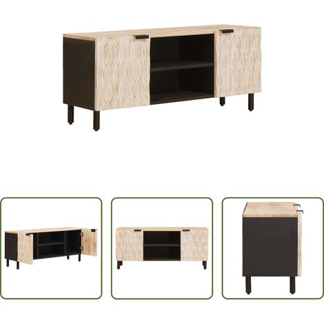 Meuble tv bois de mangue - Meuble TV avec étagère Finition Lavage Blanc 105 x 33 x 46 cm (1/5)