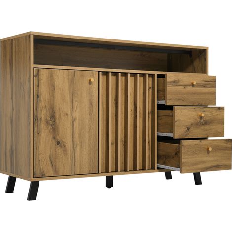 Buffet en bois d’épicéa foncé avec 3 tiroirs, 2 portes et niche ouverte, 120 x 40 x 85 cm (1/5)