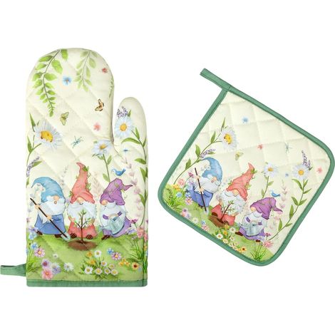 Gants De Four & Maniques Printemps GNOME Lot De 2, 100% Coton Maniques Cuisine Gant Four Anti Chaleur Extra-Longue pour Barbecue, Cuisine, Griller,Micro-Ondes (1/4)