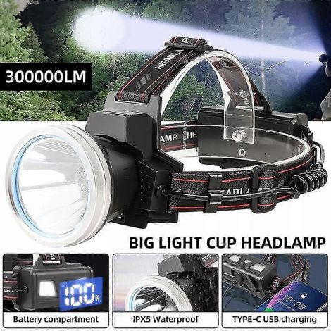 Lampe frontale LED ultra-lumineuse 300 000 lm avec batterie et alimentation USB (1/5)