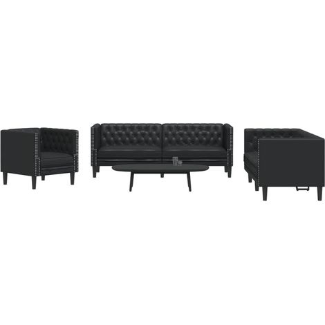 3-tlg. Chesterfield-Sofa-Set Schwarz Kunstleder