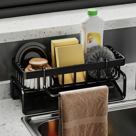 Organisateur D'évier de Cuisine Noir Multifonctionnel 2 en 1 Porte Éponges Pas de Perçage Organisateur Evier Acier Inoxydable (1/4)