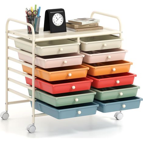 COSTWAY Carrello di Stoccaggio con 12 Cassetti, Carrello portaoggetti con 4 Ruote, Carrello Multiuso per Scuola Ufficio Cucina, 64 x 38 x 62 cm (12 cassetti Macaron) (1/5)