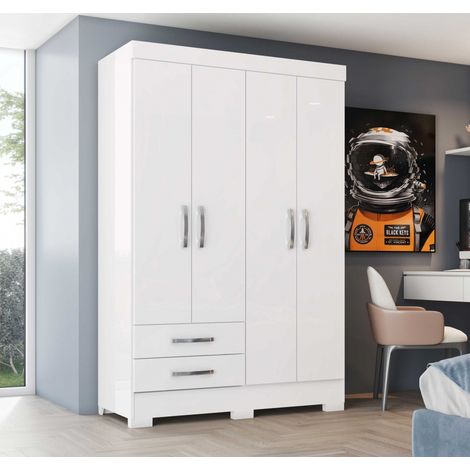 Befara – Armoire penderie 4 portes 2 tiroirs – Mélamine haute résistance blanche – Dimensions 110x46,5x185 cm – 2 tringles et 2 étagères (1/5)
