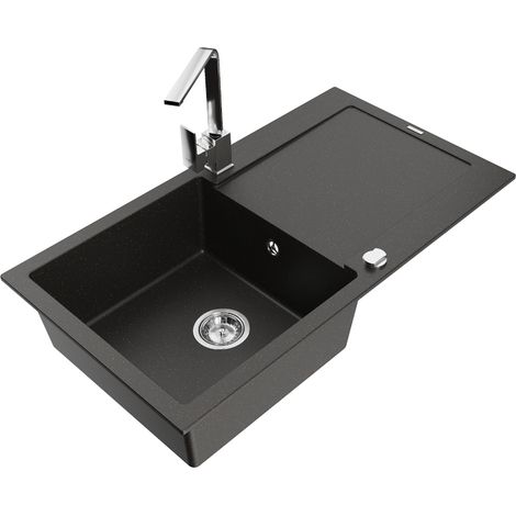 Mexen Leo lavello in granito a 1 vasca con sgocciolatoio e miscelatore da cucina Rita, nero/oro metallizzato - 6501-75-670300-00 (1/5)