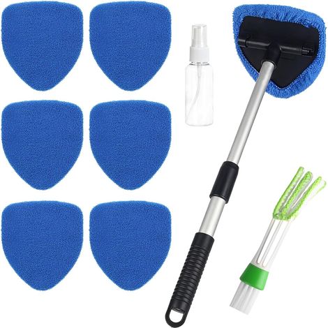 Kit nettoyage voiture bleu, 6 tampons microfibre, brosse climatisation, flacon pulvérisateur, poignée télescopique rotative 180° (1/5)