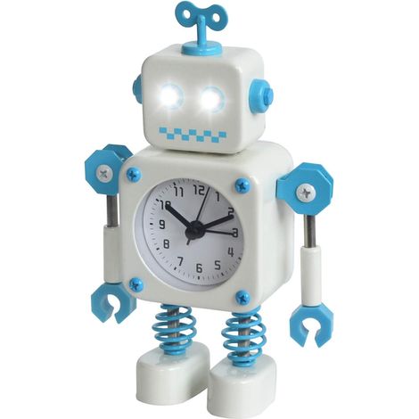Réveil robot, réveil silencieux en acier inoxydable avec yeux scintillants et bras pivotant, cadeau pour enfants blanc bleu (1/4)