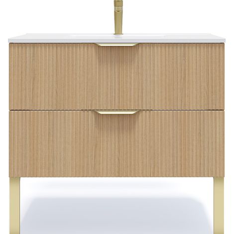 Homifab – Meuble de salle de bain suspendu 90cm – Vasque intégrée céramique blanc brillant – 2 tiroirs avec amortisseurs – Chêne cannelé (1/5)