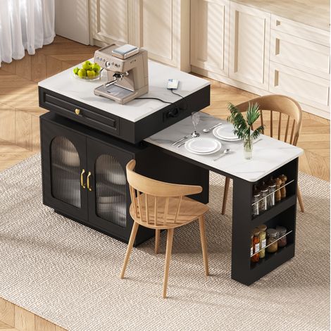 FLORAGRACE Îlot de cuisine 200 x 71 x 92 cm extensible en MDF noir avec LED, prises USB/Type-C (1/5)