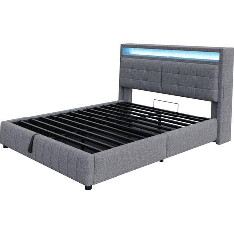 Lit rembourré 160200 cm, avec éclairage LED et prise USB, tête de lit avec étagères et espace de rangement, coffre hydraulique avec compartiments, lit double adulte avec sommier à lattes, tissu en lin (1/5)