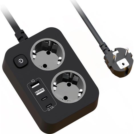 Multipresa a 2 prese con USB, prolunga piatta da parete con interruttore, multipresa portatile con protezione da sovratensioni e cavo da 1,8 m per casa, ufficio e viaggi, nero