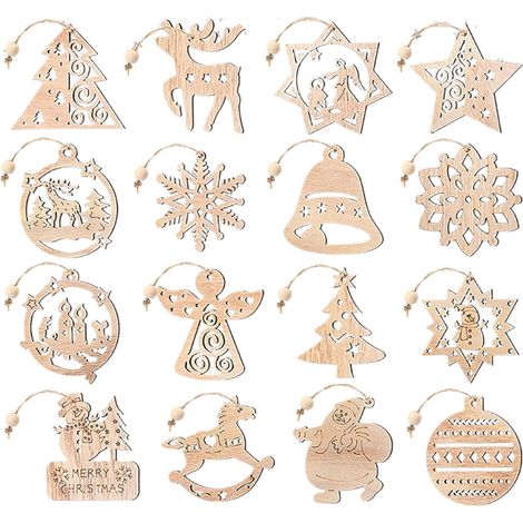 Guirlande En Bois Non Finition - Décor De Noël Sur Arbre Ou Mur - Formes Flocon Et Cerf - 16 Pièces - 7 x 7 x 1 cm (1/5)