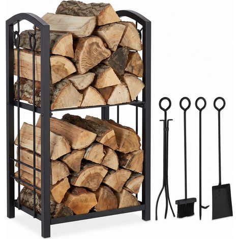 Etagère à bois serviteur, 2 Etages Porte buche, outils cheminée, pelle,balai,pince,tisonnier, noir, acier, plastique, 73 x 46 x 30 cm (1/5)