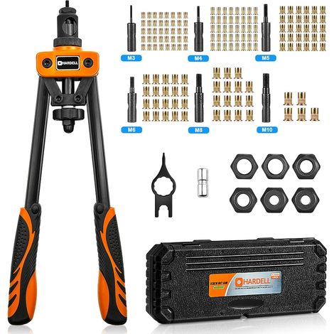 14" Riveteuse Manuelle, Pince à Rivet Insert avec 6 Pièces Mandrins M3 M4 M5 M6 M8 M10 Métriques Interchangeables et Écrous 150 pièces, Économiser Effort (1/5)