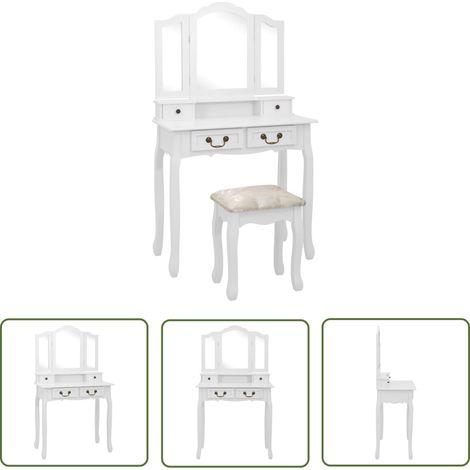 The Living Store Ensemble de coiffeuse avec tabouret Blanc 80x69x141cm Paulownia - Meuble À Maquiller - Coiffeuse Blanche - Bureau De Toilette - Meuble Rangement - Vanity Set (1/5)
