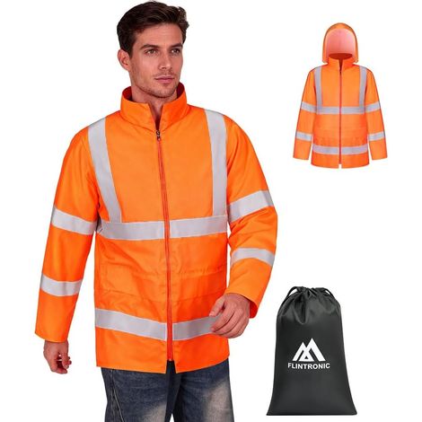 Men's High-Visibility Rain Jacket, Waterproof Safety Jacket with Reflectors, Lightweight Waterproof, Orange, L (1/5)