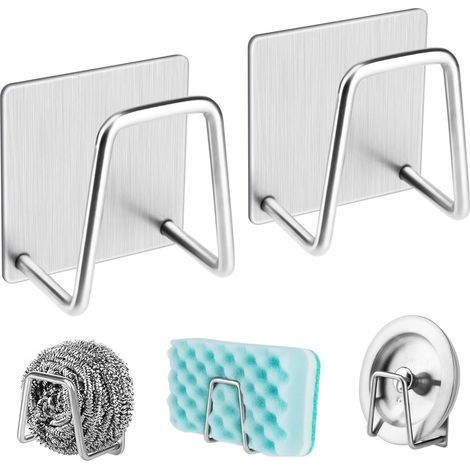 Lot de 2 Porte Éponge Évier Cuisine en Acier Inoxydable, Support Éponge Autocollant Sans Perçage, Rangement Évier Compact pour Cuisi (1/4)