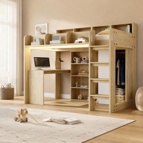 Letto a soppalco multifunzione 90x200 cm con scrivania, armadio, LED e presa, effetto legno (1/5)