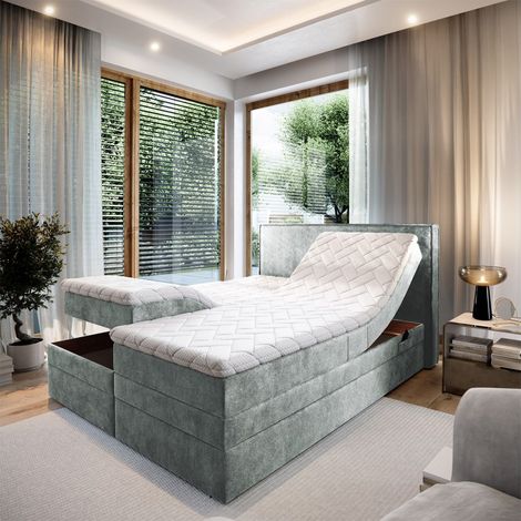 Lit adulte 160x200 POSITANO - ensemble relaxation électrique, matelas ressorts ensachés, rangement, surmatelas en tissu gris clair (1/5)