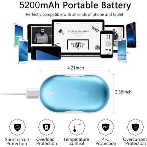Rechargeable Chauffe-Mains, 3 en 1 USB Chauffe-Mains électrique 5200mAH Portable Batterie Externe avec Fonction d'éclairage LED (1/4)