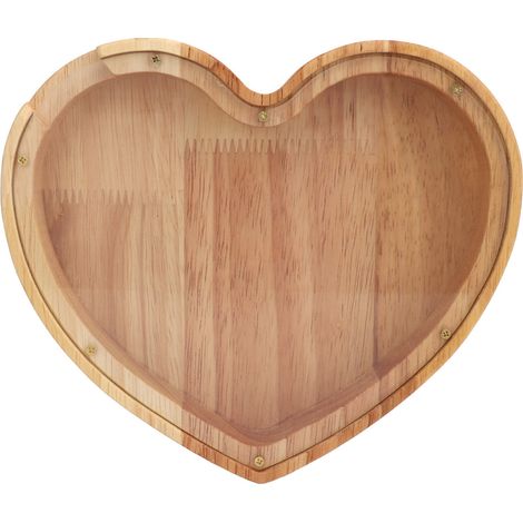 Coffret de rangement forme coeur en chene et plexiglas transparent vitrine bois pour bijoux pieces monnaie 20x18x3cm (1/5)