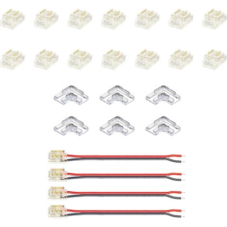24 pièces Kit de connecteurs d'assemblage à pression 5mm 2 broches pour bande LED COB,comprenant 14 connecteurs bande-à-bande,6 connecteurs en L,4 connecteurs bande-à-câble + câble de 10cm (1/5)
