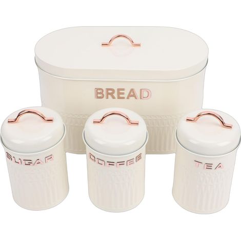 Ensemble de Boîtes à Pain et de Boîtes à Pain, Ensemble de 4 de Cuisine en Fer, Récipient de Rangement en Métal avec Pots de thé, café et Sucre étiquetés pour Comptoir, Camping-car, (crème) (1/5)