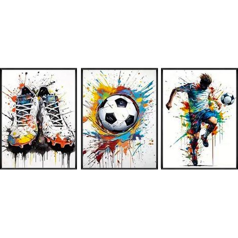 Lot de 3 tableaux muraux graffiti sur toile motif football 40 x 30 cm (1/5)