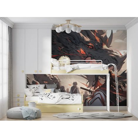 Papier Peint Fantastique - Guerrière et Dragon Noir - 400 x 260 cm (1/2)