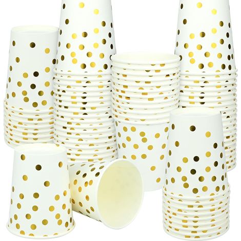 Lot de 100 gobelets en carton de 250 ml - Gobelets de fête à pois dorés - Gobelets pour fête, anniversaire, mariage, gobelets en papier biodégradables - Pour thé, boissons chaudes et froides (1/5)