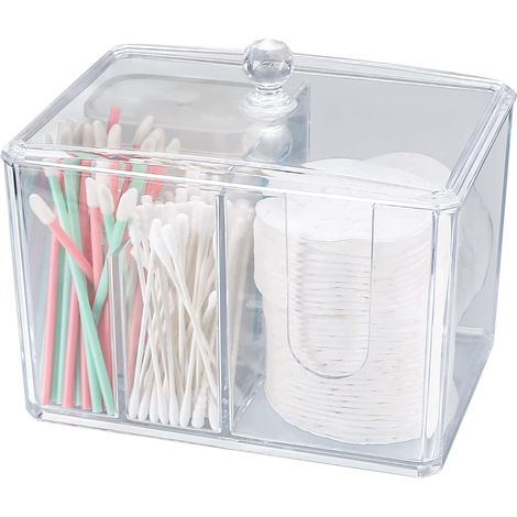 Dispensador de hisopos de algodón, caja de almacenamiento de acrílico con tapa para hisopos de algodón, maquillaje y baño.