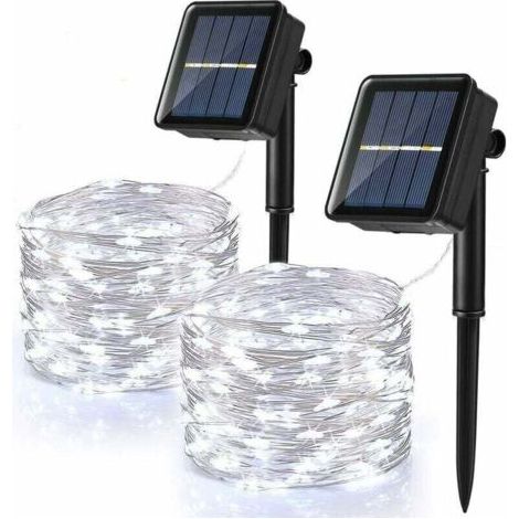 [Lot de 2] Guirlande Lumineuse Solaire Extérieure, 120 LED Guirlande Lumineuse Solaire Étanche 12M 8 Modes Guirlande Lumineuse en Fil de Cuivre pour Jardin Patio Mariage Fête de Noël, Blanc Froid