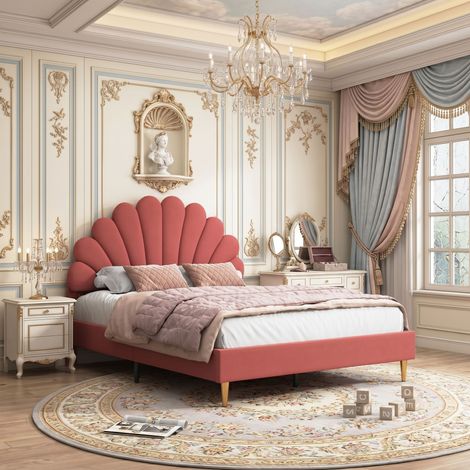 Lit Double 140x200 cm en Velours avec Tête de Lit Coquillage - Design Art Déco et Pieds Dorés - Sommier à Lattes Inclus - Beige / Bordeaux (1/5)