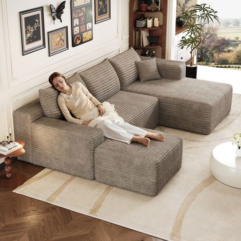 Canapé Convertible 4 places en velours côtelé camel, Canapé d'Angle ouverture express avec module modulaire, assise profonde, design minimaliste, montage non requis, sans armature (1/5)