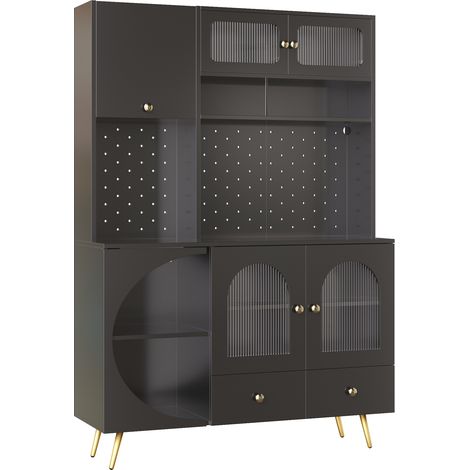 Buffet haut de cuisine noir avec LED, prises USB et étagères en verre, 120 x 40 x 176 cm (1/5)