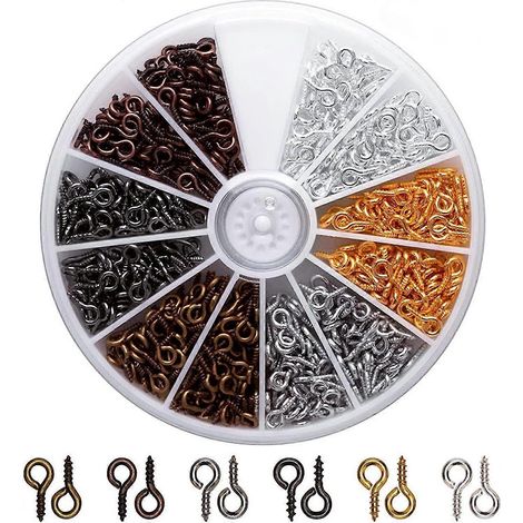 Lot de 600 petites vis à œillet, mini-vis à œillet en métal, œillets à vis, crochets à vis, vis à anneau, mini-crochets traversants, boulons à œillet, pour loisirs créatifs et fabrication de bijoux. (1/5)