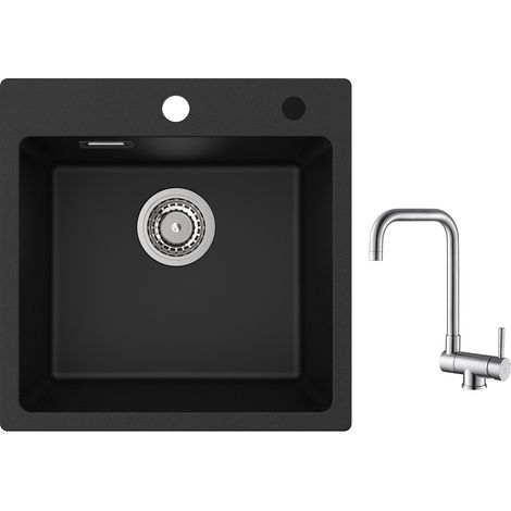 Cecipa Evier 1 Bac en Quartz et Résine 45x45cm Evier de Cuisine Evier à Encastrer 1 cuve + Robinet Cuisine Rabattable Mitigeur de Evier Repliable Brossé (1/5)