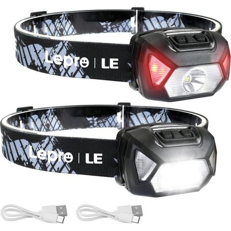 Linterna frontal LED recargable, 2000 lux, súper brillante, 6 modos, 2 unidades, ligera y potente, con luz blanca y roja, IPX4, 30 horas de duración de la batería, ideal para correr, pescar, andar en  (1/5)