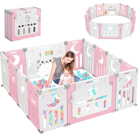 Recinto per bambini in plastica con 14 pannelli - Recinzione protettiva pieghevole per bambini - 150x150x62 cm - Rosa e bianco